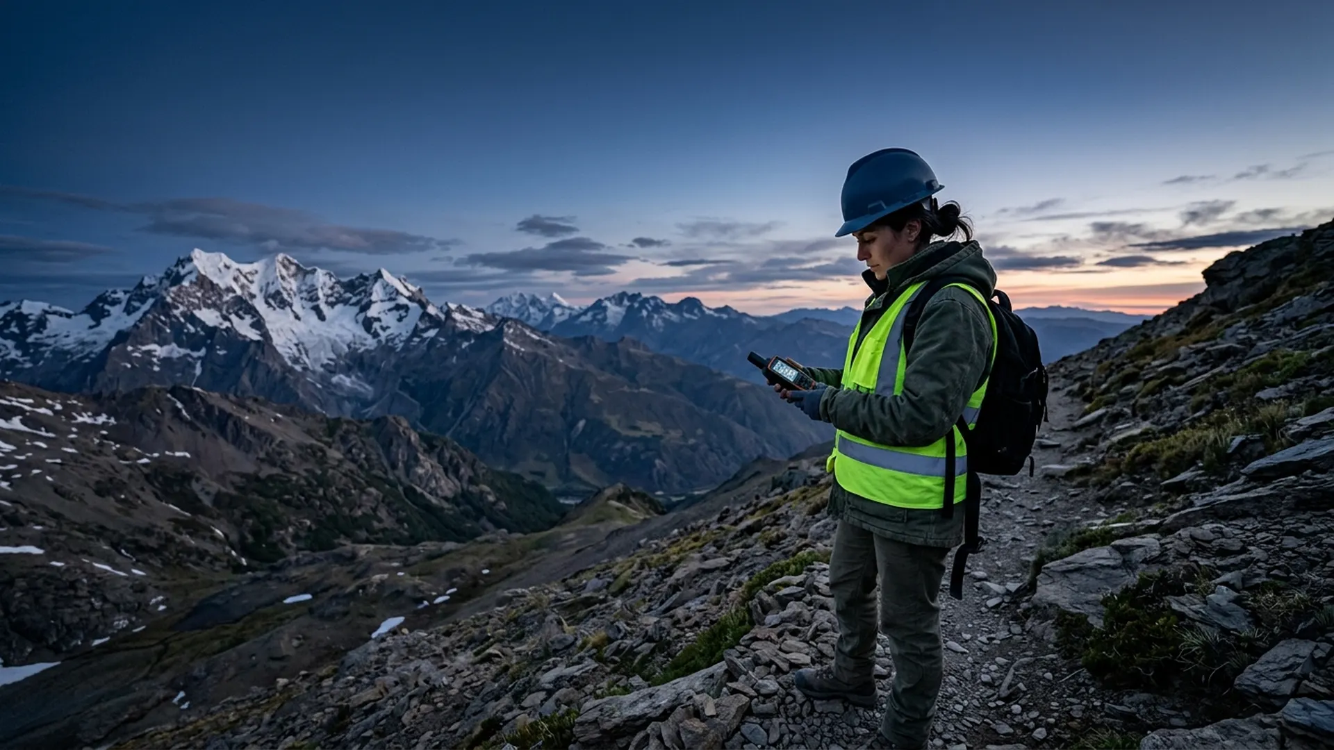 Trabajador en la cordillera usando un comunicador satelital en una zona sin cobertura celular - HTG Technologies Sistemas de misión crítica. Chile.-