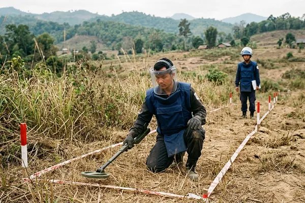 Equipo de desminado humanitario y misión crítica trabajando en zona rural aislada - HTG Technologies Sistemas de misión crítica. Chile.-