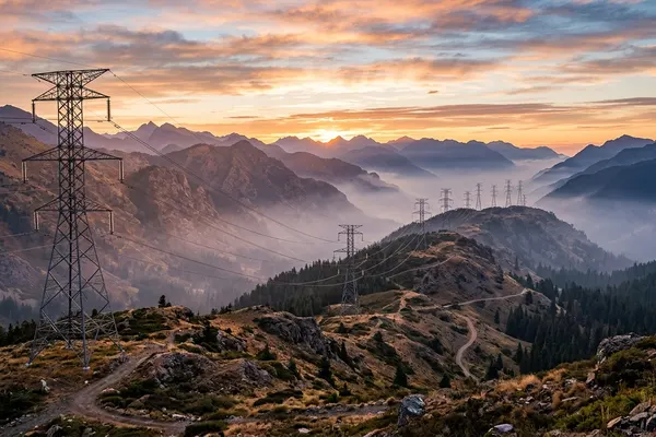 Torres de alta tensión y líneas de transmisión eléctrica en terreno montañoso - HTG Technologies Sistemas de misión crítica. Chile.-