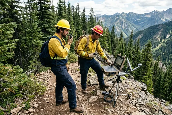 Brigada forestal y de emergencia operando con comunicación satelital en terreno - HTG Technologies Sistemas de misión crítica. Chile.-