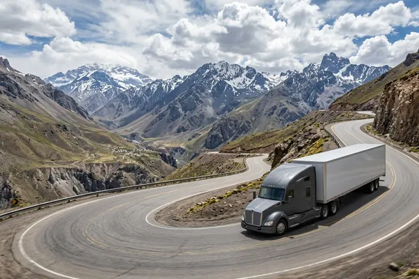 Camión de transporte logístico en ruta remota de alta montaña - HTG Technologies Sistemas de misión crítica. Chile.-