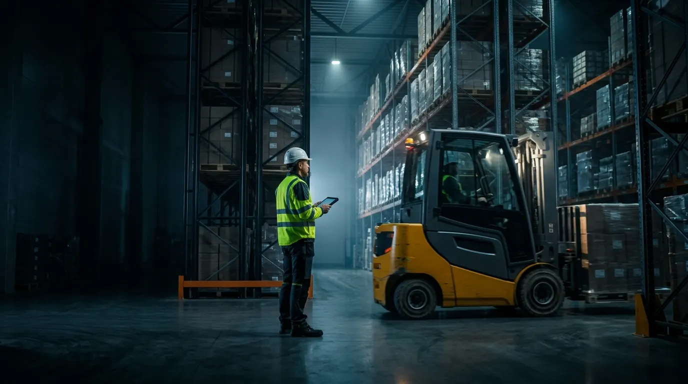 Nave industrial y bodega logística con sistema anticolisión entre montacargas y peatón mediante tecnología UWB - HTG Technologies  Sistemas de misión crítica. Chile.-